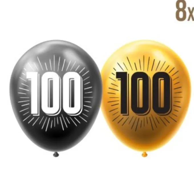 Ballonnen zwart/goud 100 - 8 stuks