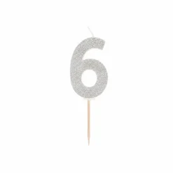 Cijferkaarsje 6 zilver glitter – 1 stuk