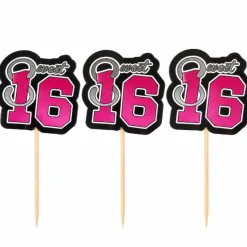 Cocktailprikkers Sweet 16 zilver/roze/zwart - 10 stuks
