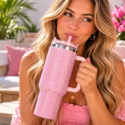 Drinkbeker to go roze glitter diamant