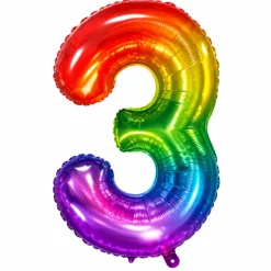 Folieballon cijfer 3 regenboog - 80 cm