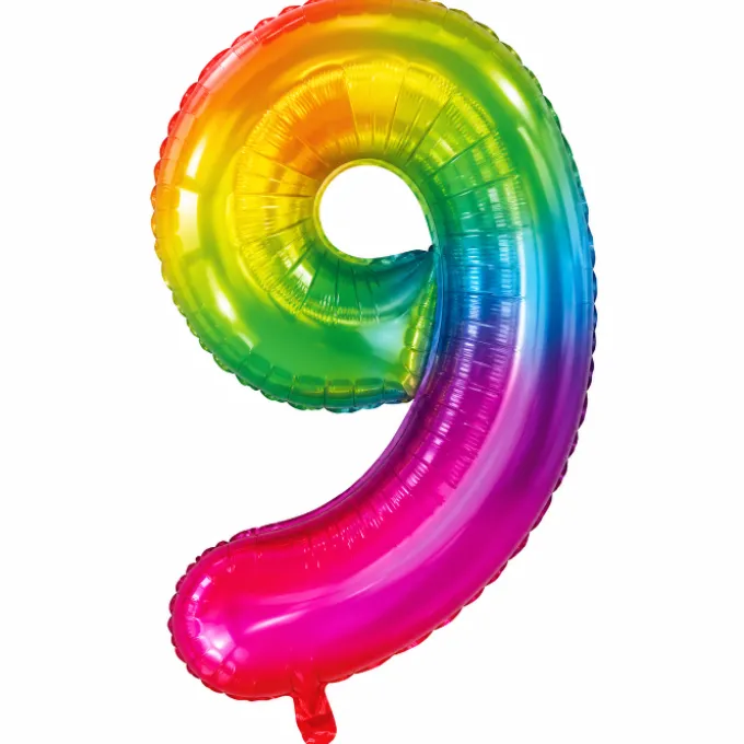 Folieballon cijfer 9 regenboog - 80 cm