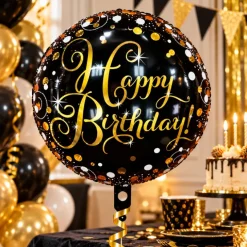 Folieballon Happy birthday rond zwart/goud - 33 cm