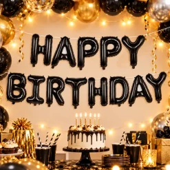 Folieballonnen slinger Happy birthday zwart