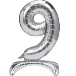 Folieballon staand 9 zilver - 68 cm