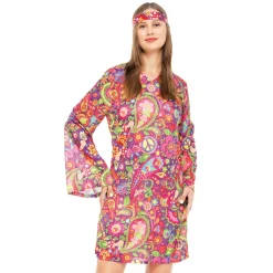 Kostuum jurk en hoofdband hippie meerkleurig maat L/XL