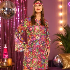 Kostuum jurk en hoofdband hippie meerkleurig maat L/XL