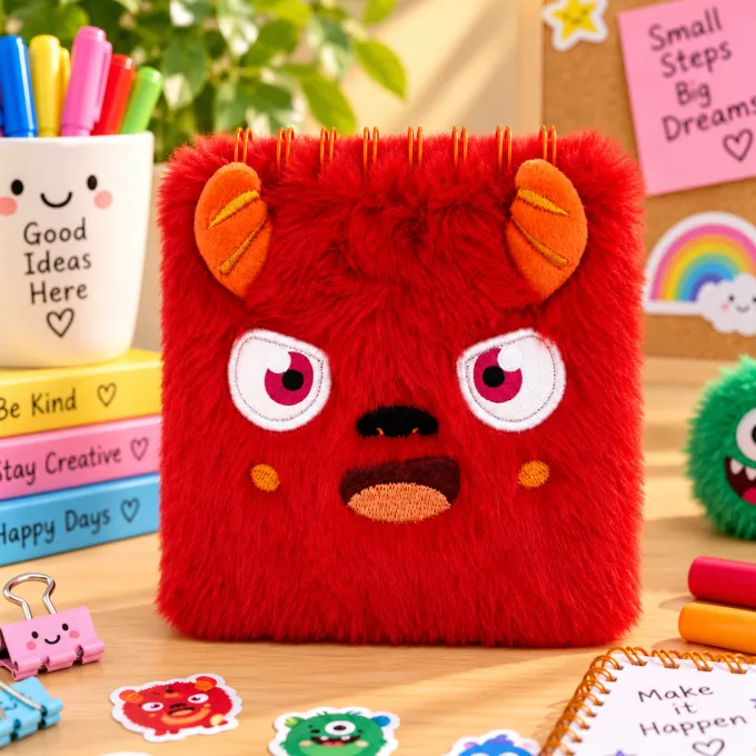 Monster Mini Pluizig Notitieboek Rood