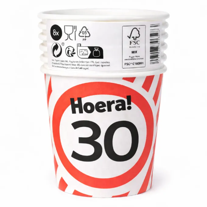 Papieren bekers verkeersbord 30 jaar - 250ml 8x