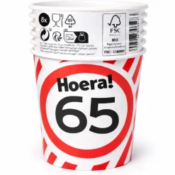 Papieren bekers verkeersbord 65 jaar - 250ml 8x