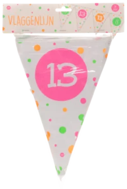 Vlaggenlijn neon 13 jaar - 4m (15 vlaggen)