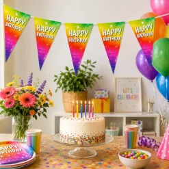 Vlaggenlijn regenboog folie Happy Birthday - 6m